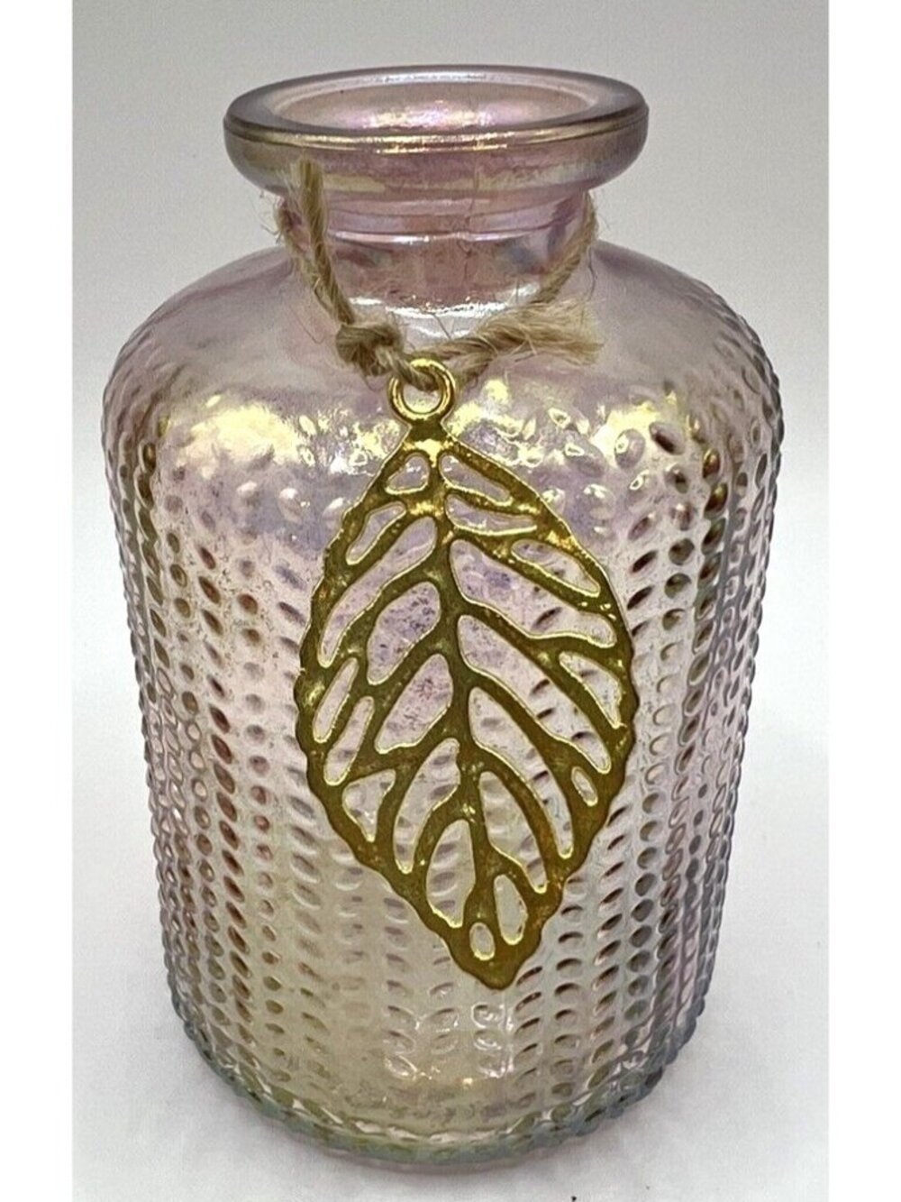 Iridescent Rose Pink Glass Vase Bottle With Gold Leaf Accent 4x2.5 Inches